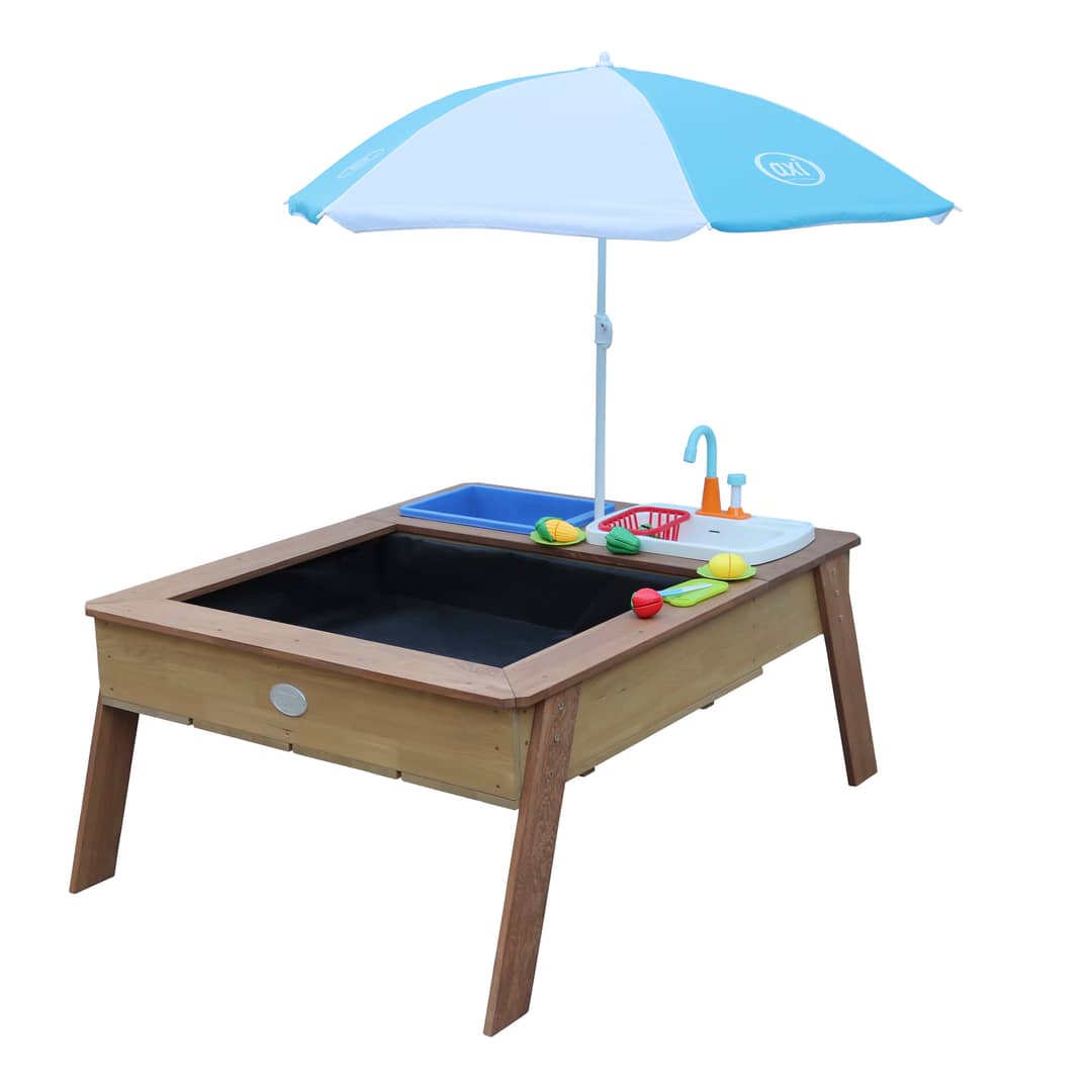 AXI Linda Sand & Water Table with Play Kitchen Sink Brown - Umbrella Blue/White
