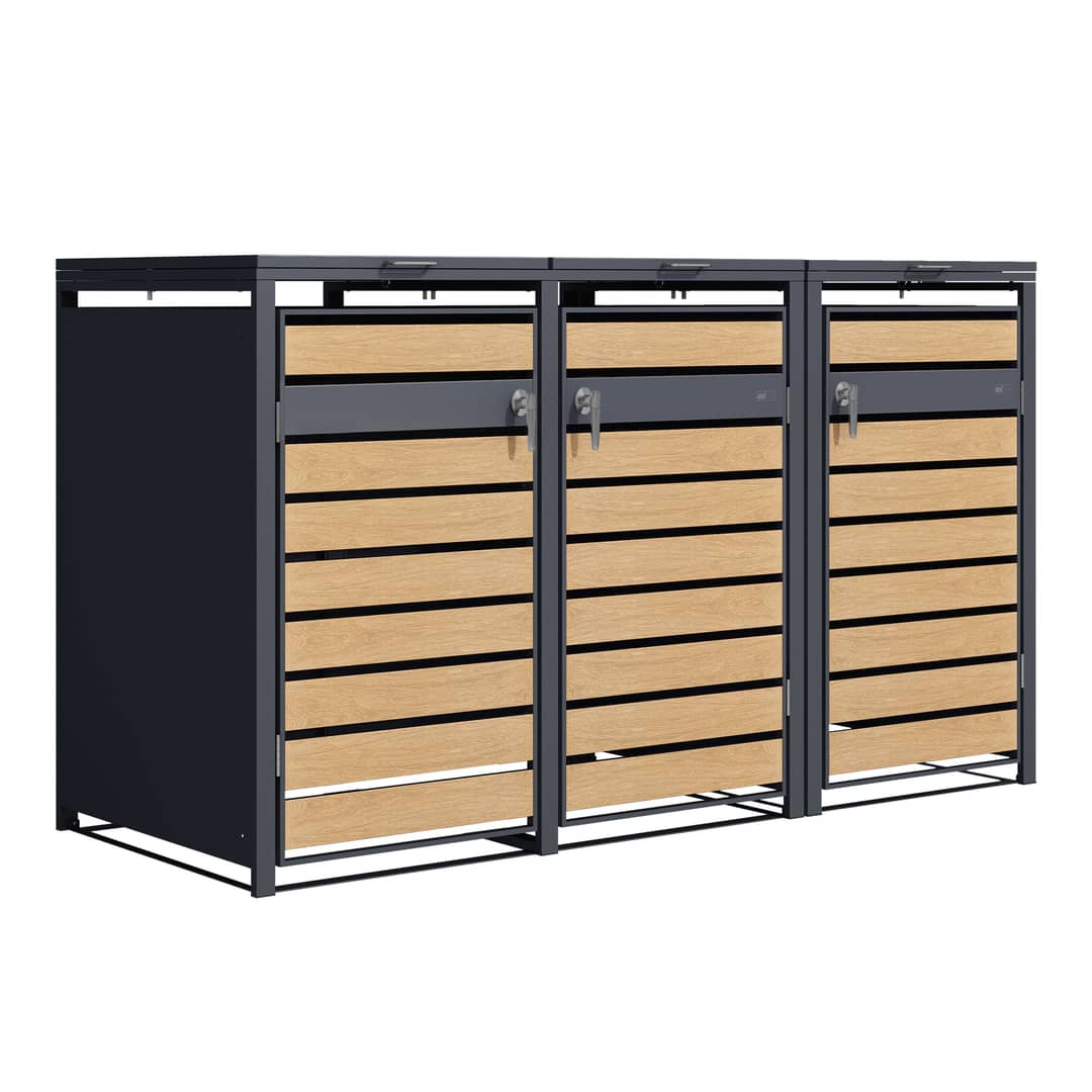 AXI Lucas Metal Garbage Bin Shed Anthracite/Wood look - 3 Garbage Bins