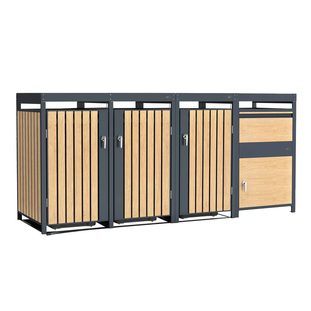 AXI Leon Bin Storage with Louis Parcel Postbox Anthracite/Wood Look – 3 Garbage Bins