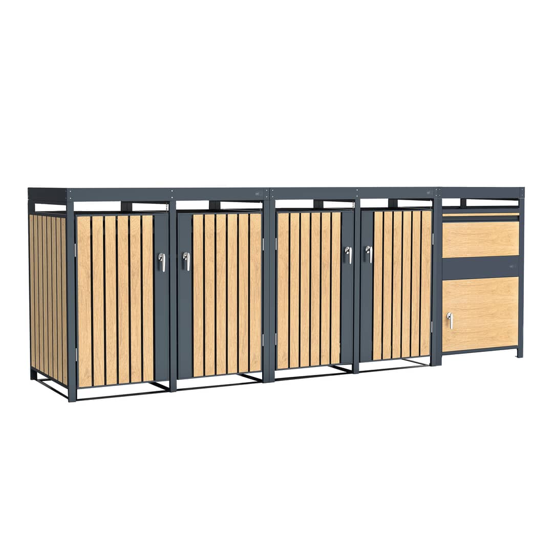 AXI Leon Bin Storage with Louis Parcel Postbox Anthracite/Wood Look – 4 Garbage Bins