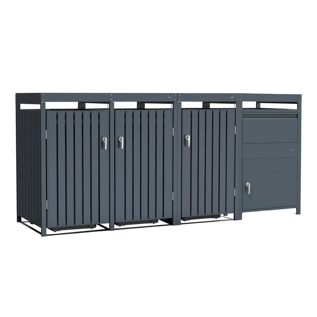 AXI Leon Bin Storage with Louis Parcel Postbox Anthracite – 3 Garbage Bins