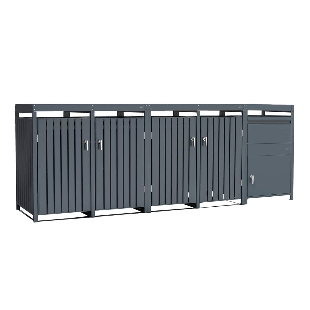 AXI Leon Bin Storage with Louis Parcel Postbox Anthracite – 4 Garbage Bins
