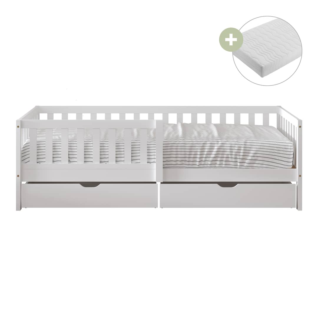 Sunny Isa Kids Bed with 2 Storage Drawers and Guardrail White – With Mattress