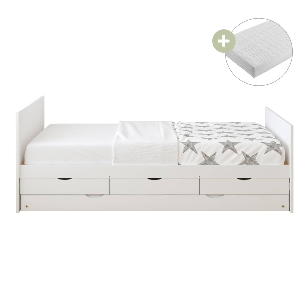 Sunny Eli Kids Bed with Pull-Out Bed and 3 Storage Drawers White – With Mattress