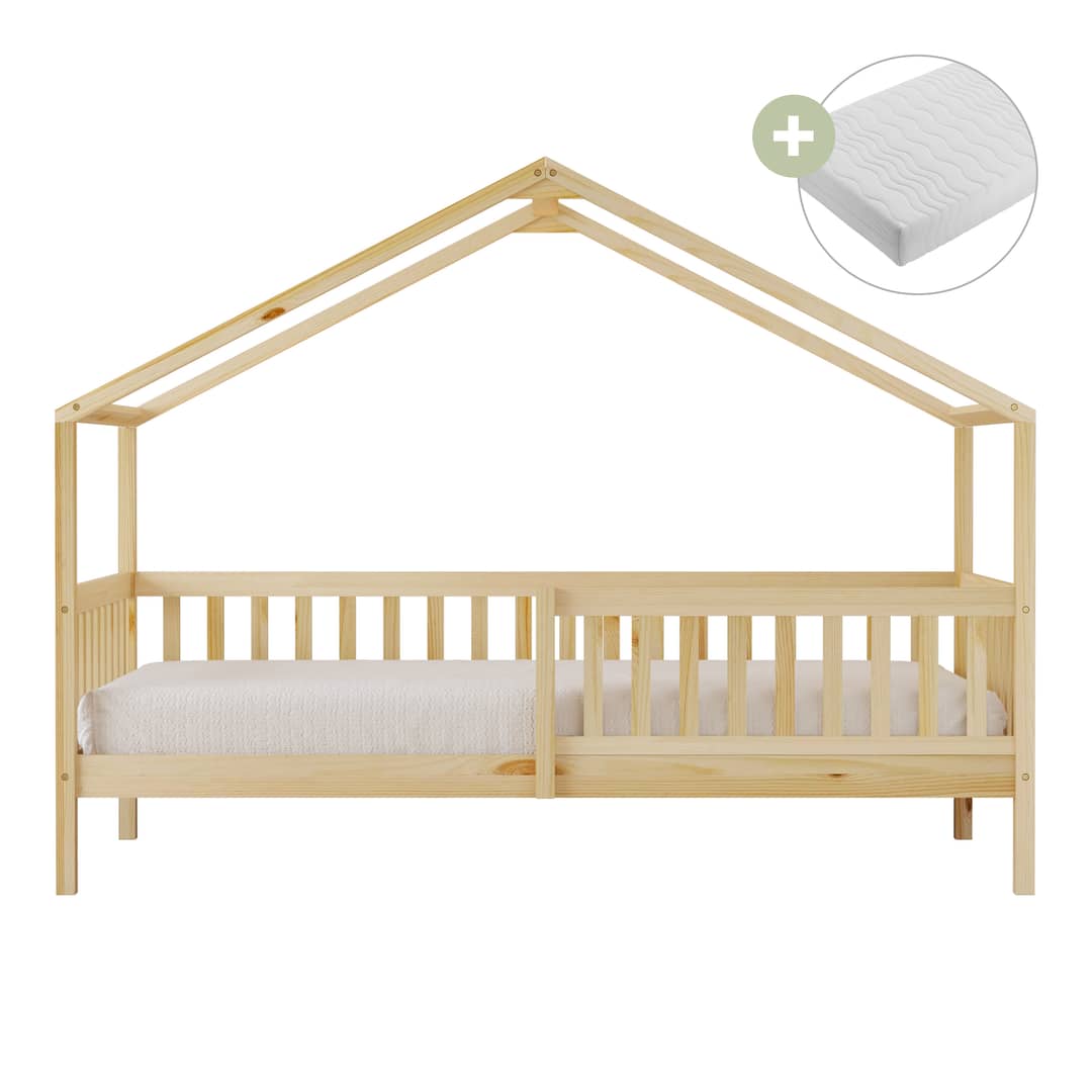 Sunny Kae House Bed with Guardrail Natural – With Mattress