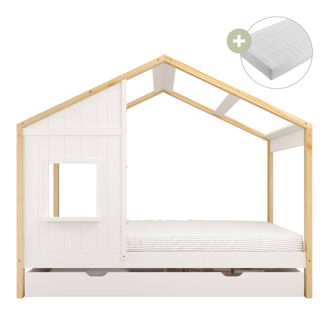 Sunny Beau House Bed with Storage Drawer Brown/White – With Mattress