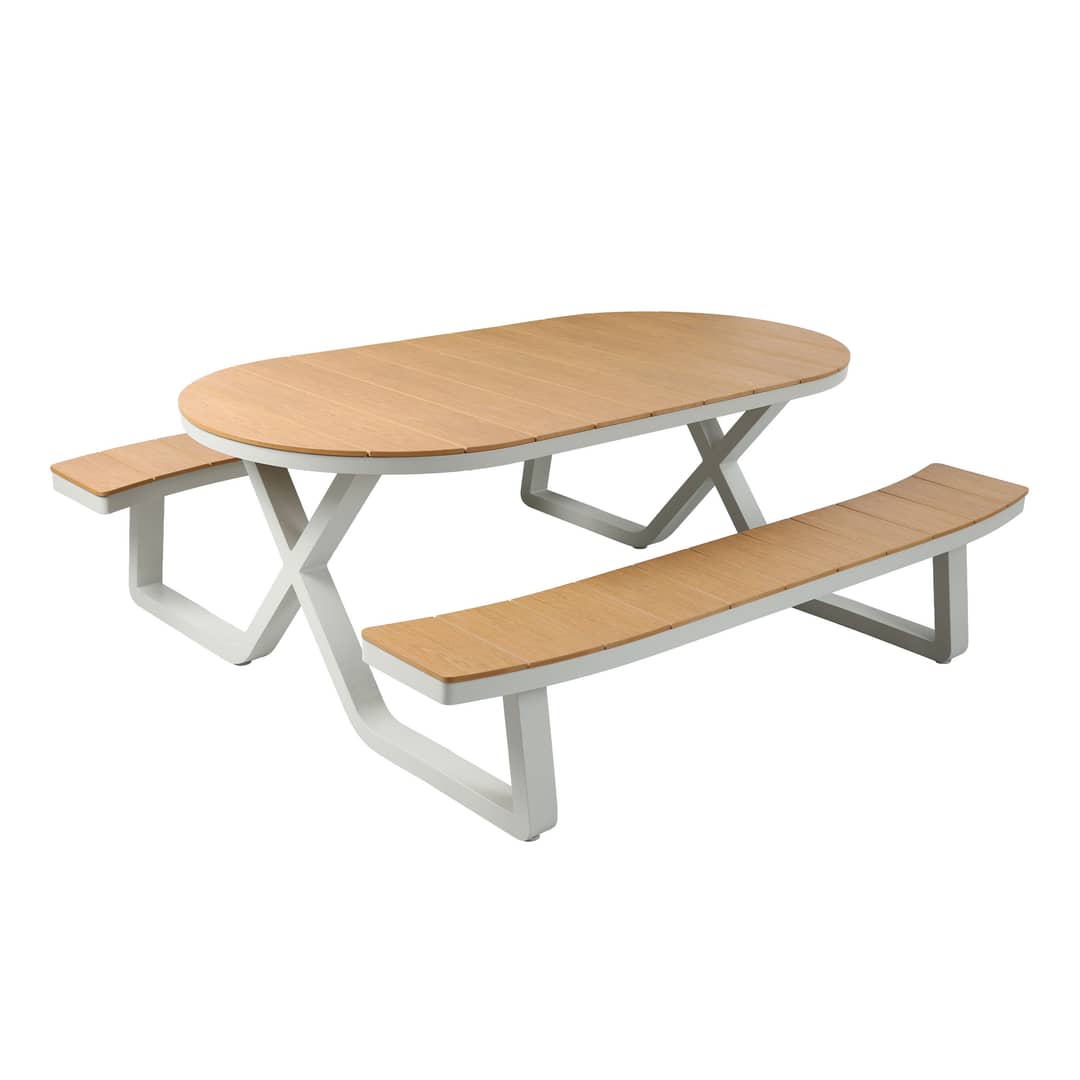 AXI Jax Picnic Table with 2 benches Oval – Sandy Beige/Teak-look Polywood