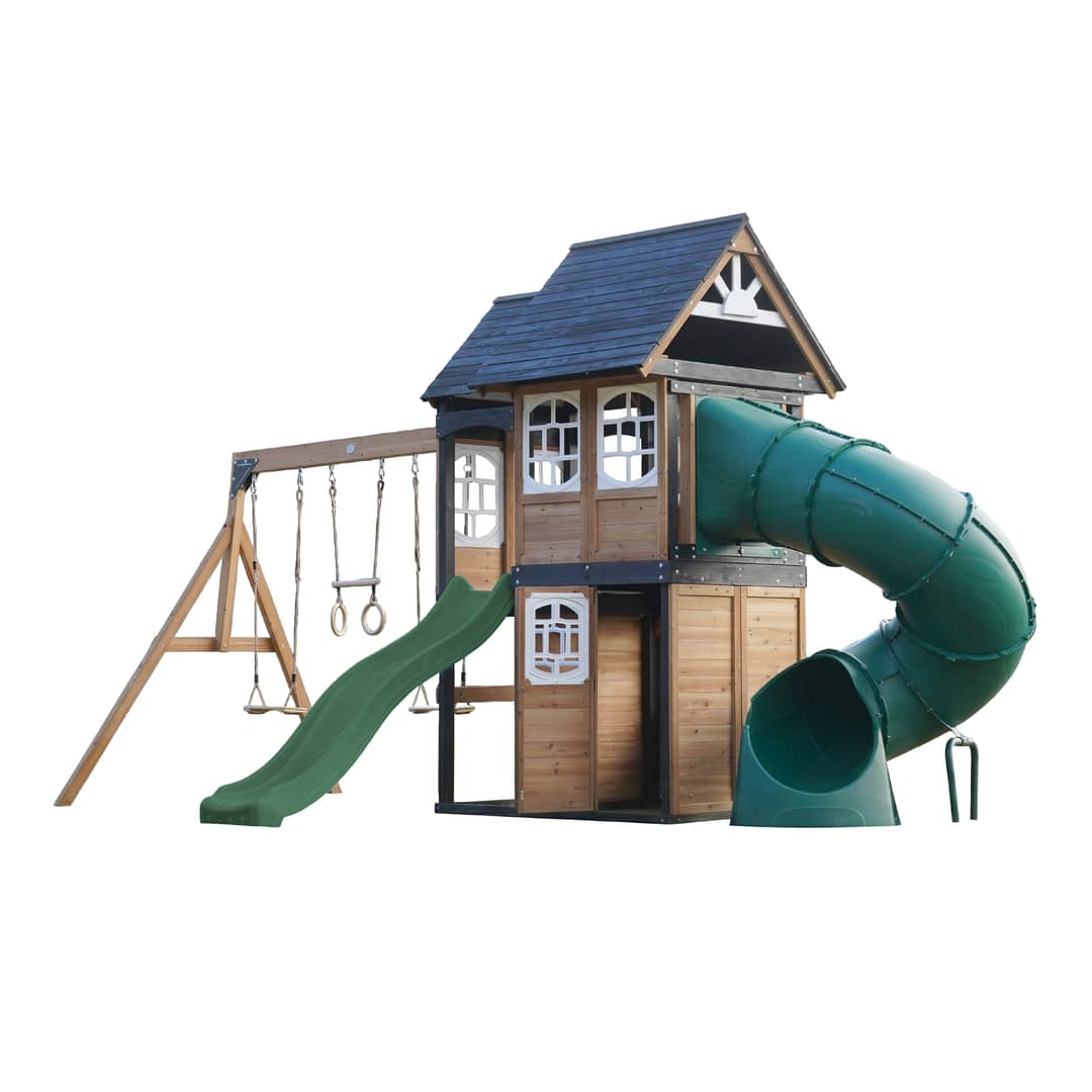 AXI Noud Climbing Frame with Playhouse, Swings, Trapeze and Climbing Wall –