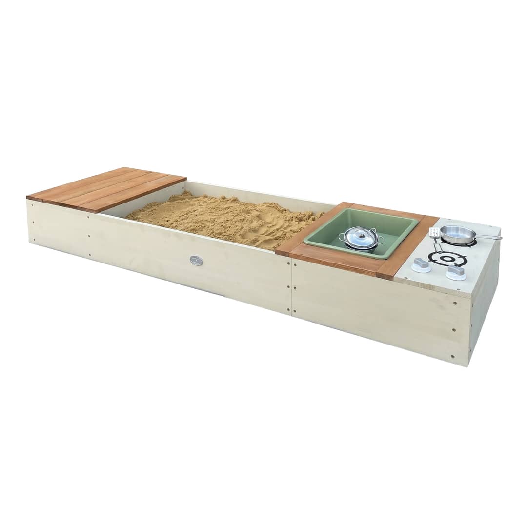 AXI Pippa Sandbox with Play Kitchen and Storage Bench - 160 x 50 cm - Beige/Brown