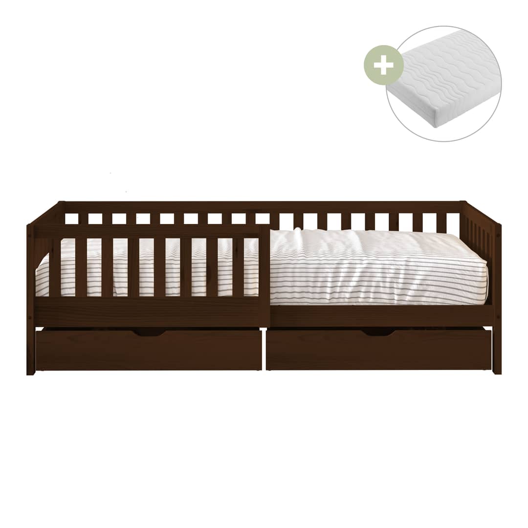Sunny Isa Kids Bed with 2 Storage Drawers and Guardrail Brown – With Mattress